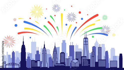 Illustration of a vibrant New York City skyline celebrating New Year with colorful fireworks exploding in the sky, symbolizing America 2026.