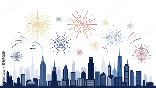 Illustration of a New York City skyline with colorful fireworks on a white background, celebrating New Year in the USA America 2026 with vibrant colors.