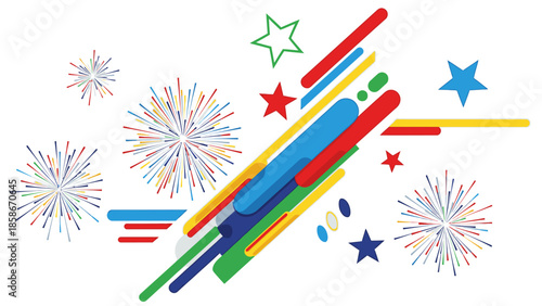 Colorful fireworks and star illustrations celebrate New Year in America 2026 with vibrant, dynamic graphics on a white background.