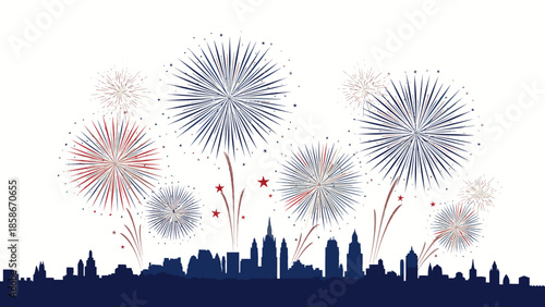 Fireworks exploding over a city skyline at night, celebrating New Year in the USA, America, on 2026 with vibrant colors.