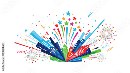 Vibrant illustration of fireworks and confetti in red, blue, green, and yellow hues, celebrating New Year in the USA and America 2026 with a joyful and festive mood against a clean white