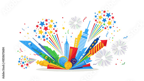 Colorful illustration of fireworks and skyscrapers celebrating New Year in America 2026 with vibrant colors and festive mood against a clean white background.