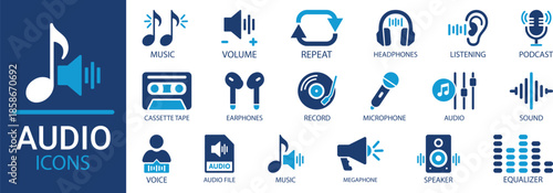 Audio icon set. Containing headphones, listening, record, sound, music, microphone, podcast and speaker icons. Solid vector icon collection. Vector illustration.