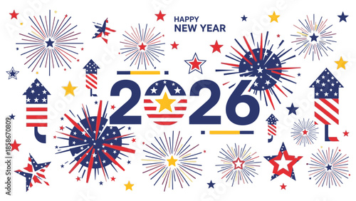Vibrant graphic illustration celebrating New Year 2026 with American flag motifs and fireworks in red, white, and blue hues against a clean white background.