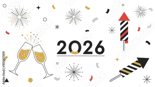 Illustration of champagne glasses and firework rocket celebrating New Year 2026 in America, with confetti and festive decorations on a white background.