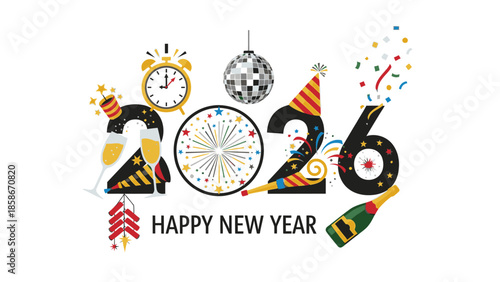 Colorful graphic design celebrating Happy New Year 2026 with festive decorations and confetti in a vibrant, celebratory mood against a clean white background.