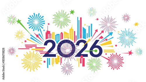 Colorful fireworks exploding around the year 2026 in bold font, set against a clean white background with a celebratory mood, marking New Year in the USA America.