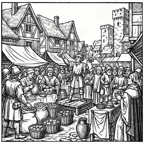 Medieval marketplace scene with people gathered around a fruit vendor.