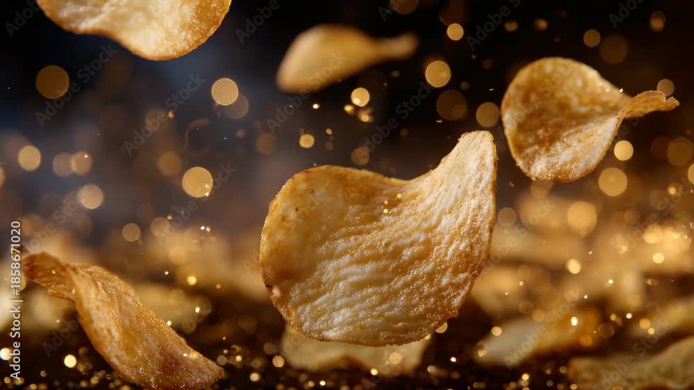 13A dramatic explosion of potato chips suspended mid-air, salt ...
