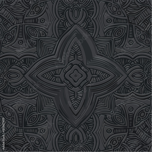 3D volumetric convex embossed geometric black background. Ethnic pattern in the style of doodling, Mexican motifs