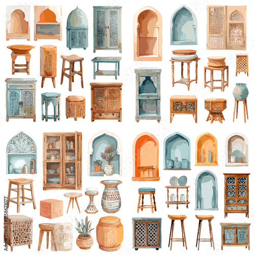 Watercolor furniture illustration collection with wooden cabinets stools tables shelves and decorative wall niches inspired by Mediterranean and rustic interior design.