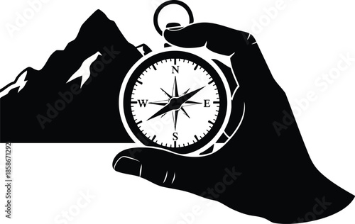 Compass icon. Hands holding compass pointing direction. Navigation concept.