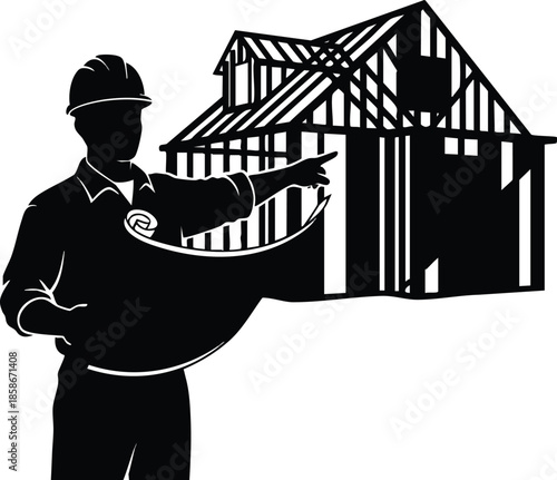 Construction blueprint: Buildings under construction with engineer. Planning and Architecture Concept.