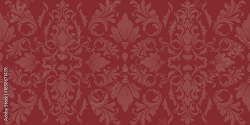 Elegant red damask seamless pattern border. Perfect for luxury packaging, elegant wallpaper, textile designs, and high-end branding backgrounds. Classic ornate baroque style for premium decor.