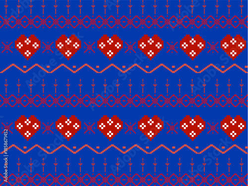 Vibrant blue cross-stitch pattern featuring red hearts and folk motifs. Ideal for ugly sweaters, Valentine's textiles, festive gift wrap, and traditional embroidery-style digital backgrounds