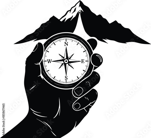 Navigation tool: Compass with mountain view. Instrument held by a hand. Exploration concept.