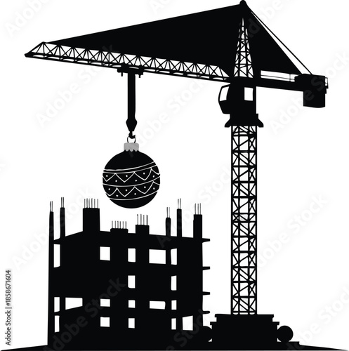 Construction crane with ornament. Building under construction and holiday ball. Festive season.