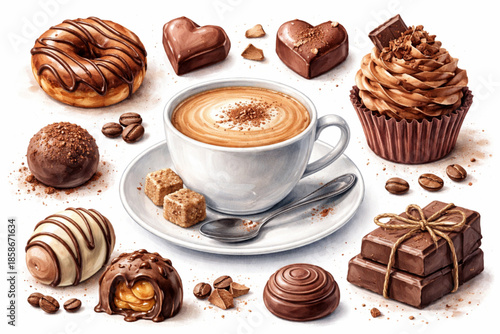 Watercolor Coffee Cup and Chocolate Sweets Illustration