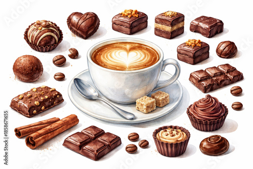 Watercolor Coffee Cup and Chocolate Sweets Illustration