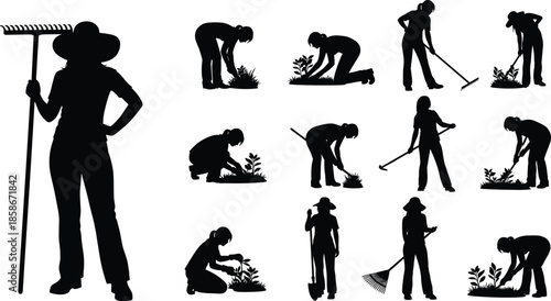 Gardening silhouettes, farmers working in garden, planting weeding raking activities, agriculture labor silhouettes, outdoor farming work collection illustration