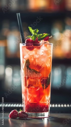A refreshing glass filled with a flavorful drink and topped with fresh raspberries