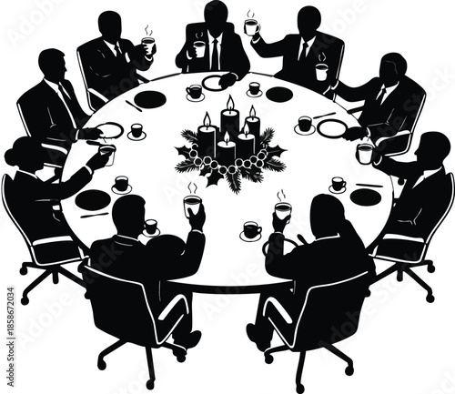 Corporate Christmas Party Illustration. Business meeting with drinks and festive decoration. Holiday Gathering concept.