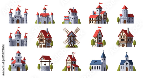 Comprehensive set of medieval buildings including stone castles houses windmill well and a church with red roofs.