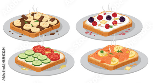 Four different healthy toasts topped with banana and chocolate berries and cream cucumber and tomato and salmon.