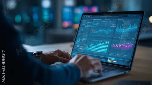 Business analyst working on laptop with financial data dashboard at night