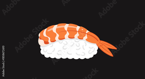Single piece of shrimp nigiri sushi featuring a perfectly cooked prawn on a bed of rice over a black background.