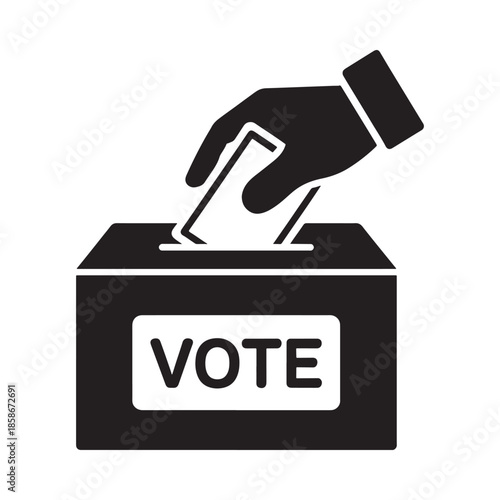 A hand inserting a ballot into a voting box with the word vote