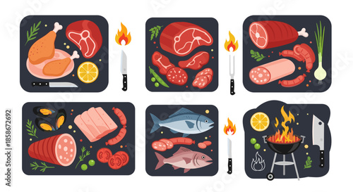 Collection of food preparation boards showing raw meats sausages fish vegetables and a barbecue grill with fire.