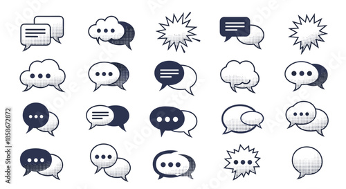 Variety of speech and thought bubbles in different shapes and styles with halftone patterns for comic and social media design.