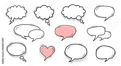 Variety of hand drawn style speech bubbles and a heart in black pink and white for expressive digital communication.