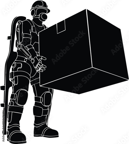 Line Art: Delivery personnel with packages. Black and white art. Concept: Supply chain.