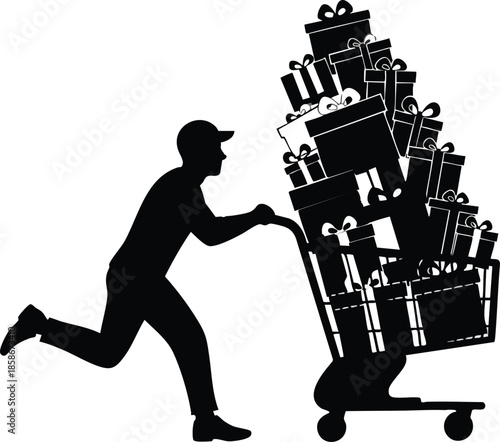 Delivery service: Shopping cart full of gifts. Delivering package. Online shopping concept.