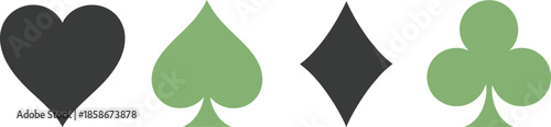 Stylized playing card suits with black heart and diamond, green spade and club in modern symbolic layout