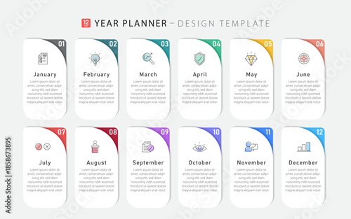 Timeline Creator infographic template. 12 months timeline journey, 1 year calendar infographics design template. presentation graph. Business concept with 12 options or steps, vector illustration.