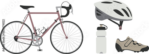 Stylized road cycling gear set with drop-handlebar bike, helmet, water bottle, and cleated shoe with Velcro straps