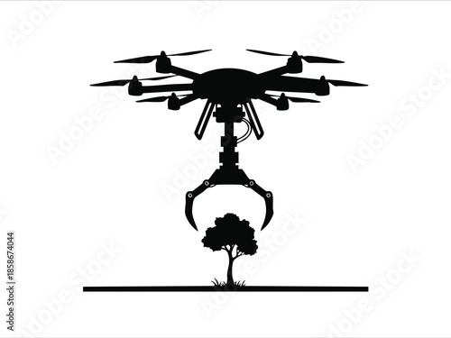 Drone with robotic claw and tree icon. Aerial technology and automation. Environmental conservation concept.