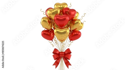 A festive and romantic bunch of shiny metallic red and gold heart shaped balloons tied together with a vibrant red satin bow isolated on white.