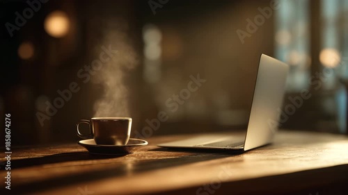 Coffee cup and laptop on desk with steam in modern work environment
