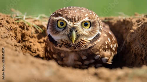 Curious Burrowing Owl Peering From a Narrow Sandy Burrow Entrance Under Sunlight