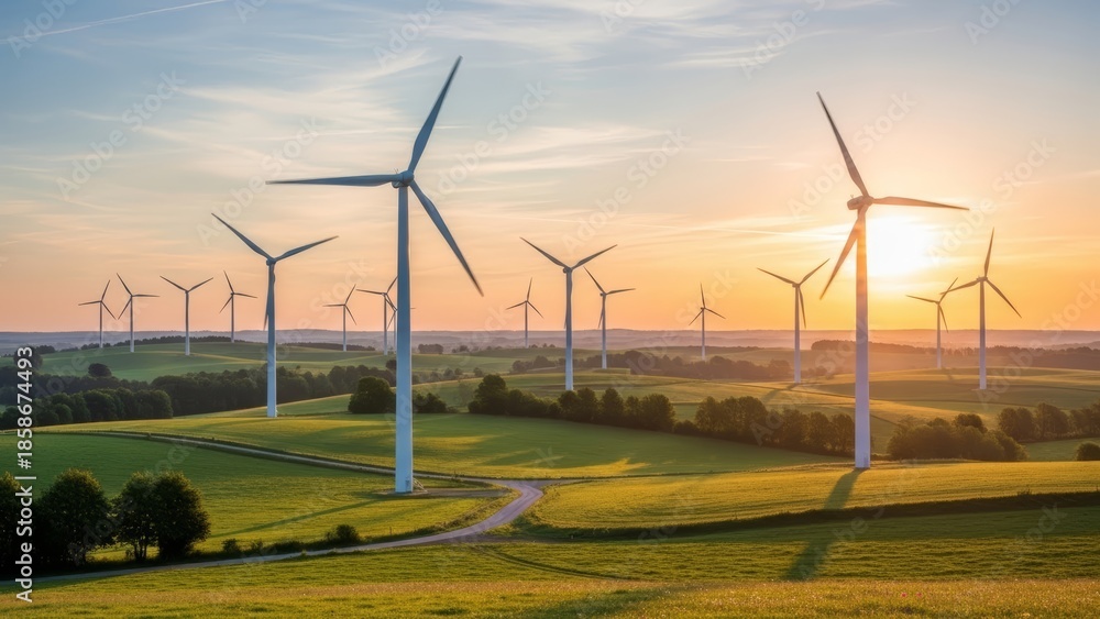 Obraz premium Wind turbines generating clean energy at sunset in green landscape