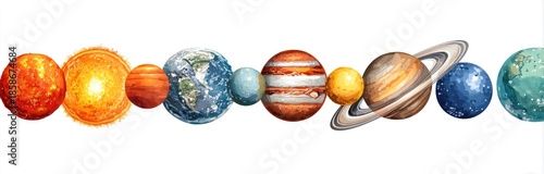 Planets Solar system planets aligned in a row on a white background