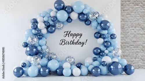 Elegant blue and white balloon arch arrangement frames the cheerful text wishing someone a very happy birthday celebration occasion