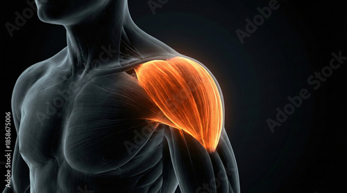 Anatomical illustration of the human deltoid muscle, highlighting its structure and function in the shoulder joint.