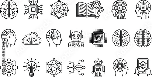 Artificial intelligence line icons set, machine learning, neural networks, robotics, brain chip technology, automation systems, digital innovation, black outline vector