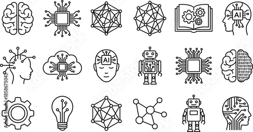 Artificial intelligence line icons set, machine learning, neural networks, robotics, brain technology, automation concepts, digital innovation, black outline vector