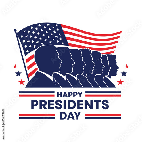 Patriotic presidents day design featuring silhouettes of leaders and the united states flag